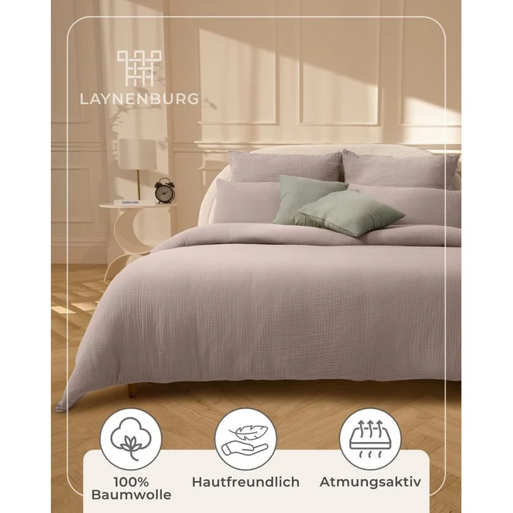 Laynenburg Bettwäsche Musselin aus 100% Baumwolle in 135x200 oder 155x220 cm, atmungsaktiv & bügelfrei – 2 lagig mit Reißverschluss & Haltebändern – Bild 4
