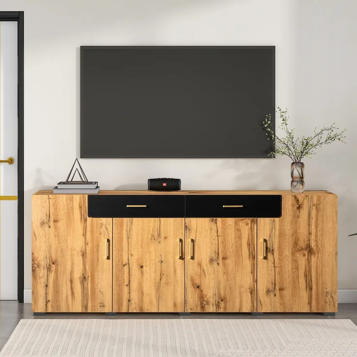 Sideboard, 208x39,5x80 cm, Sideboard in Holzoptik mit 4 Türen & 2 Schubladen