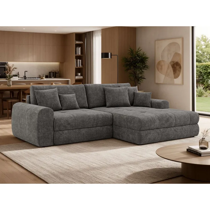 Sofa L-Form ARELIA L mit Schlaffunktion, Wohnzimmer Sofa, Wellenfederung, Sofa mit DL-System - Schenille grob gewebt Dunkelgrau - Links