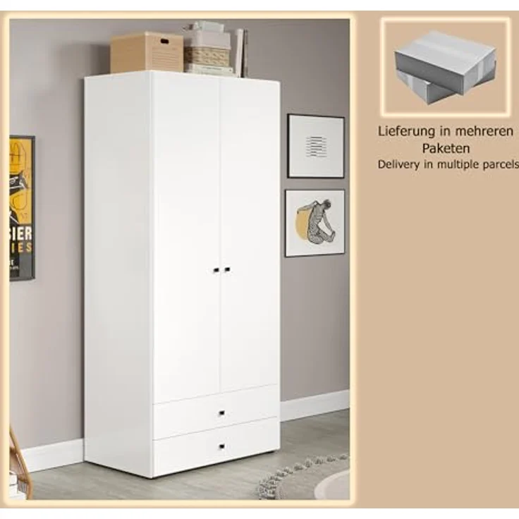 trendteam smart living - Basics - Kleiderschrank - Weiß - Garderobenschrank mit 2 Türen, 1 Hutablage, 1 Kleiderstange und 2 Schubladen - (BxHxT) 81 x 176 x 51 cm - Moderner Stil – Bild 7