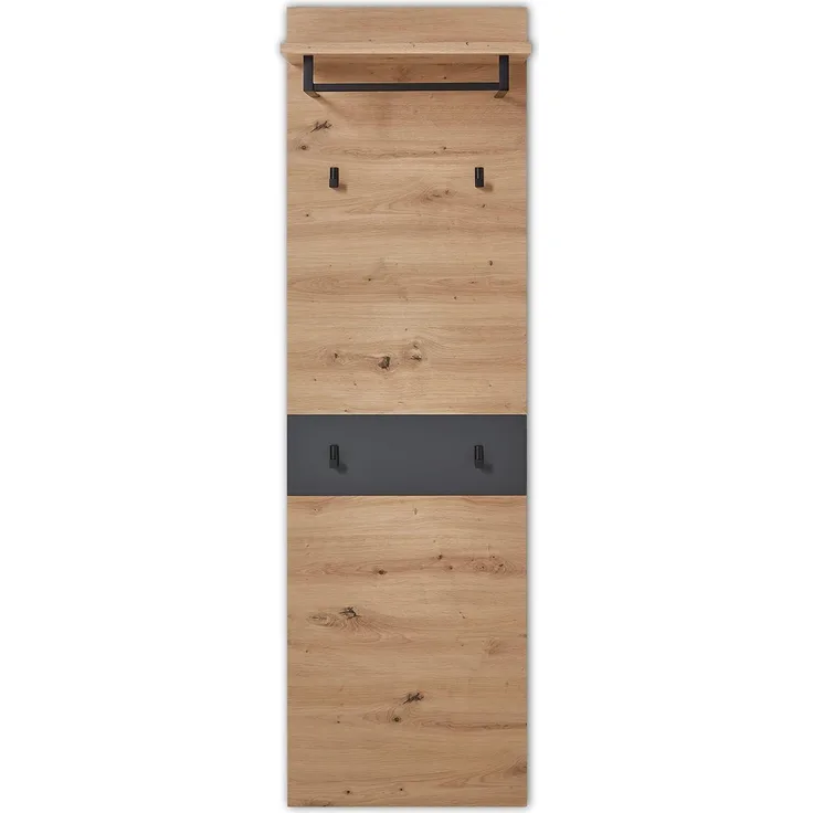 Stella Trading MEMPHIS Garderobenpaneel in Artisan Eiche Optik, Graphit - Moderne Hutablage & zuverlässige Wandhaken für Jacken & Taschen - 50 x 170 x 30 cm (B/H/T)