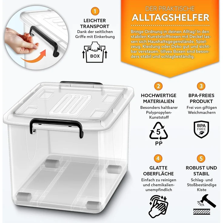 tillvex® Aufbewahrungsboxen mit Deckel 4er Set - 42L, lebensmittelecht | Kunststoff Boxen Set stapelbar | Aufbewahrung Ordnungssystem Box groß | Aufbewahrungsbox Kleiderboxen transparent 100% Neumaterial – Bild 2