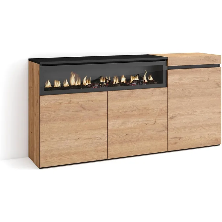 Skraut Home | Sideboard, Highboard | Kommode, Komodenschrank | 150 x 75 x 35 cm | 3 Türen | Elektrokamin. Maße | Moderner Stil | Eiche Schwarz