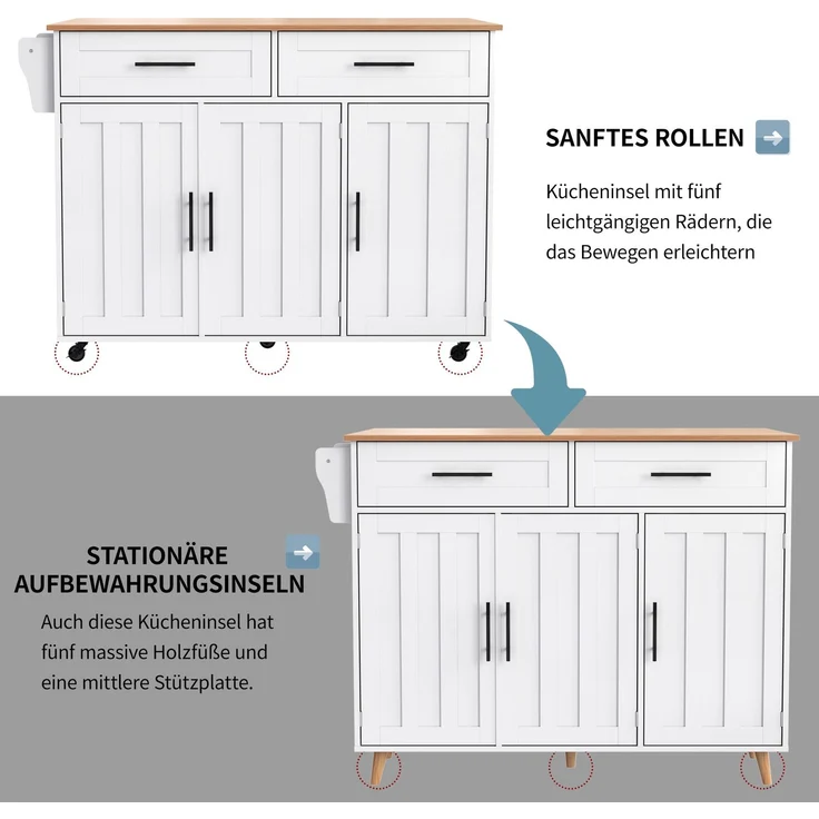 Servierwagen 129x46/71x91,5 cm mit klappbarer Arbeitsplatte – Kücheninsel aus MDF in Weiß mit Stauraum und Rollen – Bild 9