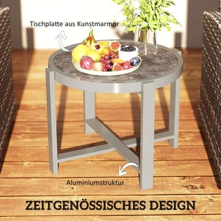 Outsunny Gartentisch mit Marmoroptik (rund Beistelltisch, 1-St, wetterfest Balkontisch aus Aluminium), für Wohnzimmer Büro Outdoor Indoor Grau – Bild 4