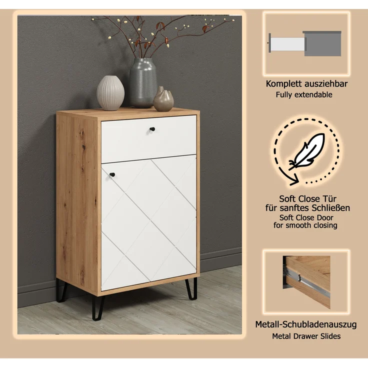 trendteam smart living - Touch - Kommode - Eiche/Weiß - Garderobenkommode mit moderner Rautenfräsung - Soft-Close - (BxHxT) 63 x 96 x 40 cm - Flurschrank mit Vollauszug-Schubladen – Bild 13