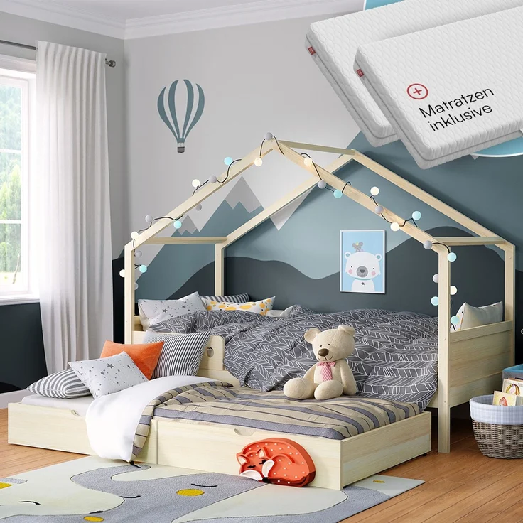 Bellabino 'Bela' Hausbett 90x200 cm mit Gästebett 90x190 cm und 2 Matratzen, natur, Kiefer Massivholz, Montessori Kinderbett mit Ausziehbett, inkl. Rausfallschutz und Lattenrost – Bild 1