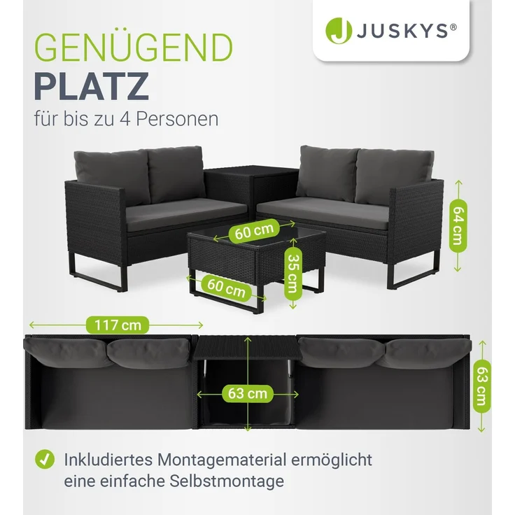 Juskys Outdoor Polyrattan Lounge Santorini inkl. Abdeckung - Gartenlounge mit Beistelltisch & Auflagenbox - Gartenmöbel Set Rattan Sitzecke wetterfest - Schwarz – Bild 6