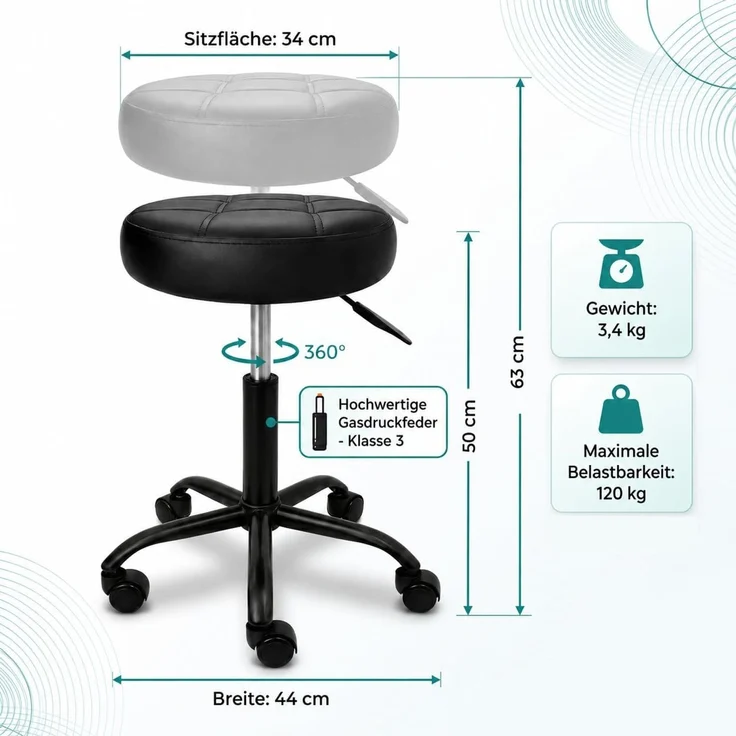 Movaro Rollhocker mit Metall-Basis und leisen Softrollen [Neues Modell] - höhenverstellbar, 360° drehbar, kratzfrei und stabil - ergonomischer Hocker mit Rollen | Arbeitshocker | Bürohocker 44x44x50-63 cm [Schwarz] – Bild 2