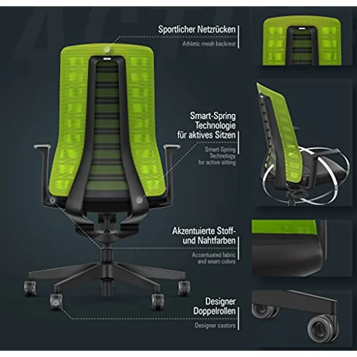 Interstuhl Bürostuhl Pure Active Edition, ergonomischer Drehstuhl mit Smart-Spring Technologie, 1D-Armlehne, Grün | Schwarz, Made in Germany – Bild 4