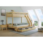 Doppel-Etagenbett 140x200 und 90x200 Erwachsenen-Stockbett Kiefer Massivholz natur V-60.18-09-14Rollrost und Bettkasten inkl.