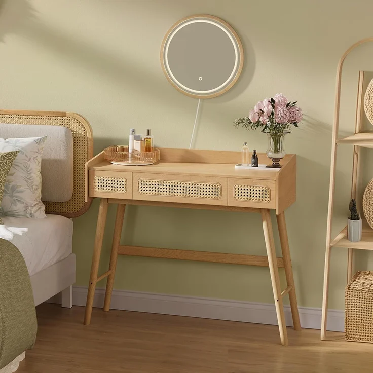 SONGMICS HOME BOHOVEN Kollektion – Schminktisch mit Spiegel, Beleuchtung, Kosmetiktisch 3 Schubladen in Rattan-Optik, Touch-Steuerung, 3 Lichtfarben, dimmbar, Boho-Stil, Schlafzimmer, eichenbeige – Bild 1