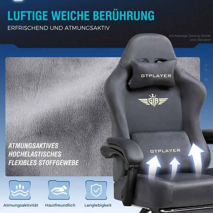 GTPLAYER Gaming Stuhl, Atmungsaktiver Bürostuhl, bürostuhl ergonomisch, Hochwertiger - Stoff, Ergonomischer PC Stuhl, 160° Verstellbare Rückenlehne und ausziehbare Fußstütze, Grau – Bild 1