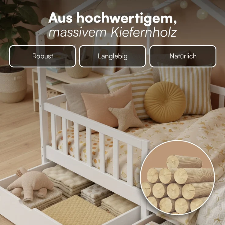 Bellabino 'Bia' Hausbett 120x200 cm mit 2 Schubladen, weiß, Kiefer Massivholz, Montessori Kinderbett mit Stauraum, inkl. Rausfallschutz und Lattenrost – Bild 5