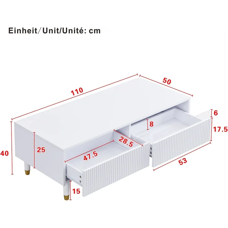 JARDJ Modernes LED-Möbelset: Viertüriger TV-Ständer und Couchtisch mit zwei Schubladen – Weiß mit Gold-Design, LED-Beleuchtung, Wellenstruktur und Acrylfronten für einen stilvollen Wohnstil – Bild 5