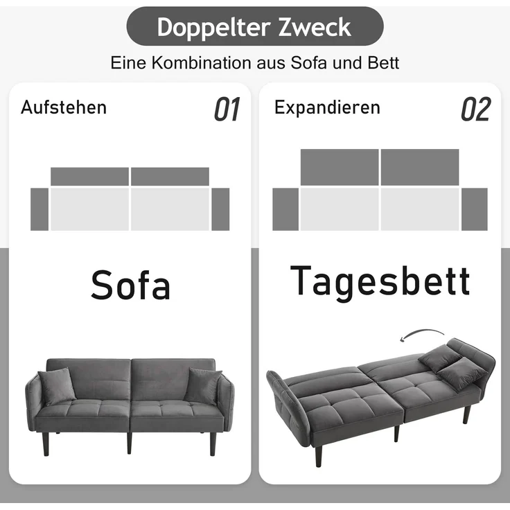 Schlafsofa Samt 2-in-1 verstellbar, mit klappbaren Armlehnen,Sofabett mit Massivholzfüßen & 2 Kissen,Grau – Bild 9