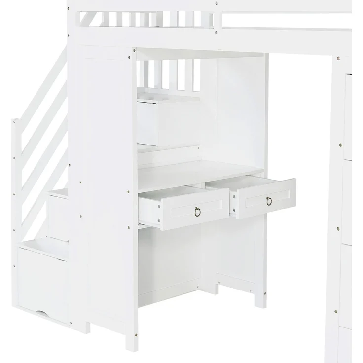 Hochbett mit Schreibtisch, Regal, Schubladen, Treppe, Schrank, Lattenrost und Rausfallschutz, 90x200 cm, Holzbett – Bild 9