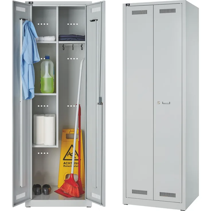 BISLEY Allzweckschrank Light abschließbar mit Belüftungslöchern, 2x Hutboden, 2x Universalfach, 1x Großraumabteil, Kleiderstange & 3 Haken - Putzmittelschrank mit Schloss in lichtgrau - Breite: 60 cm, GL06AZ-245