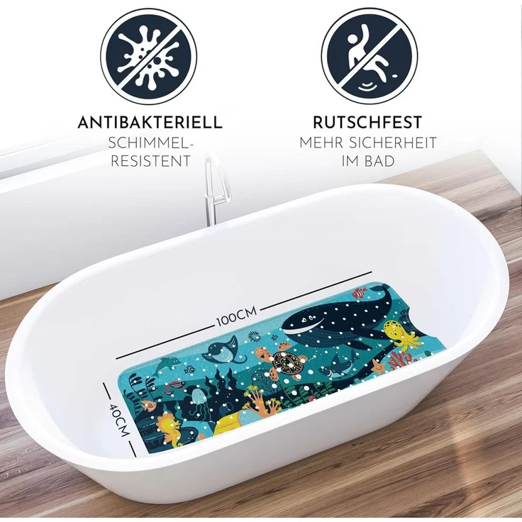 Homerella Badematte rutschfest Kinder - 100% BPA frei Inkl. 2 Haken zum Aufhängen 100x40cm, Antirutschmatte Badewanne Baby hautsensitiv & schimmelresistent, Badewannenmatte rutschfest & waschbar