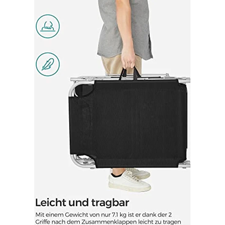 Sonnenliege, klappbarer Liegestuhl, 193 x 53 x 29 cm, max. Belastbarkeit 150 kg, mit Sonnenschutz, Kopfstütze und Verstellbarer Rückenlehne, für Garten, Pool, Terrasse, Schwarz, 1 Liege – Bild 10