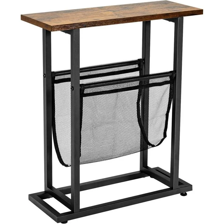 COSTWAY Industrieller Beistelltisch, 2-stufiger schmaler Sofatisch, Kaffeetisch mit Magazinhalterung und schwarzem Stahlsockel, rustikaler Nachttisch Teetisch für Wohnzimmer Schlafzimmer Büro