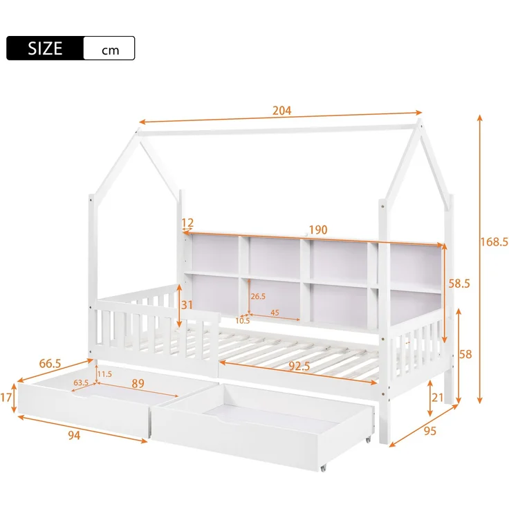 Merax Hausbett 90x200cm Kinderbett mit Mehrzweck-Bücherregal-Speichergitter-Kabinett Ablageregal und zwei großen Schubladen mit Stauraum und Kaminform, Weiß – Bild 4