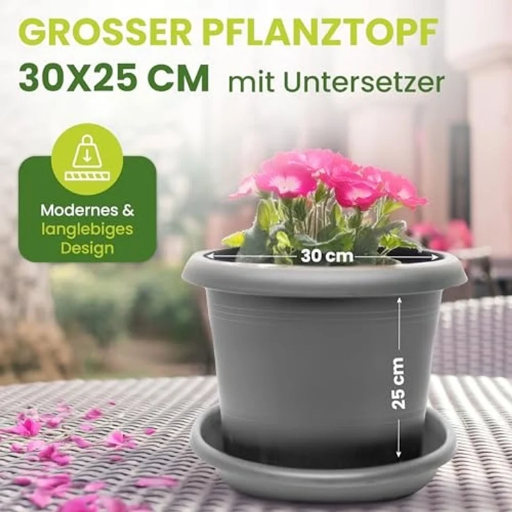 Centi Pflanzkübel Blumentöpfe groß außen, Blumentopf, Rundtopf (Spar Set, 6 St, 30 cm), mit Untersetzer, Blumenkübel Pflanzentopf, Anthrazit – Bild 3