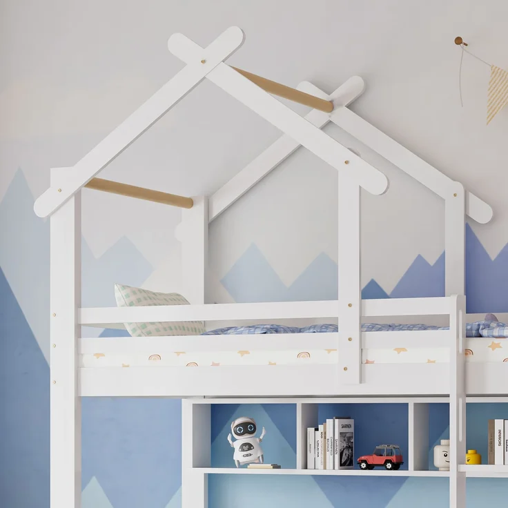 Etagenbett 90x200 cm, Haus-Design in Weiß mit Schubladen, Regalen & Sicherheitsgittern, ohne Matratzen – Bild 5