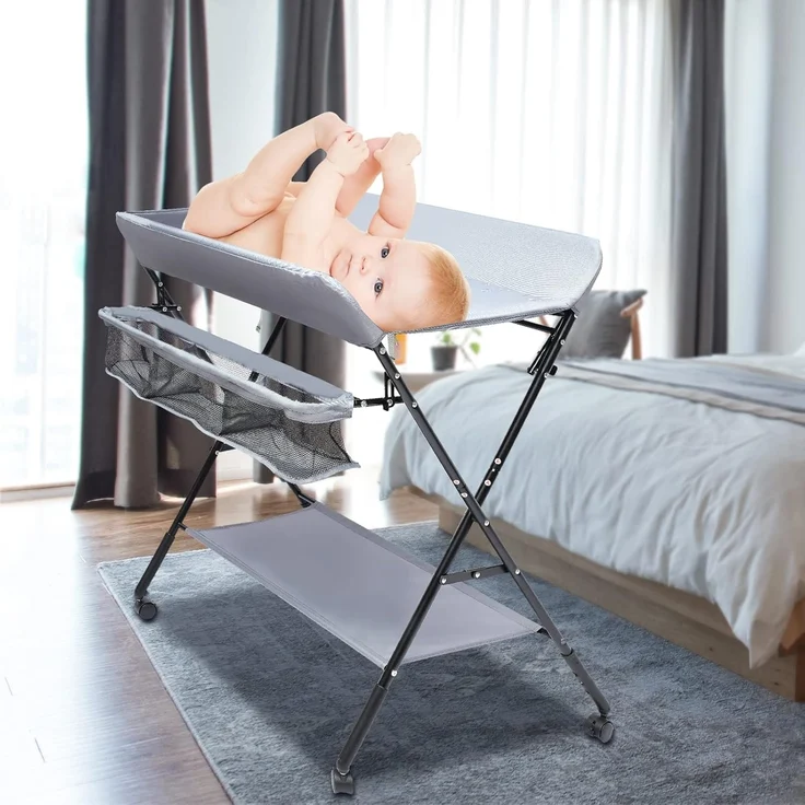 QIERF Klappbarer Wickeltisch Baby Wickelkommode Mobiler Wickelregal Höhenverstellbar, 25kg Tragfähigkeit für 0-12 Monate, Wechseln von Windeln, Wechselkleidung, Lagerung, Grau – Bild 6