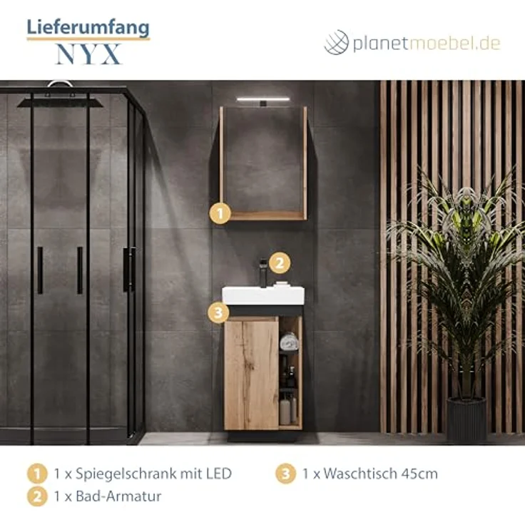 Planetmöbel Badmöbel-Set Nyx, (45cm Waschtisch mit Armatur & Spiegelschrank, 3-St), Badezimmer Waschtisch 45 cm – Bild 6