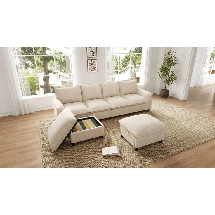 ZUBALIYA Modulare Wohnlandschaft, mit Stauraum, modular kombinierbar, mit Hocker, H 84 × T 142.5 × B 264.5 cm, Beige, Chenille – Bild 17