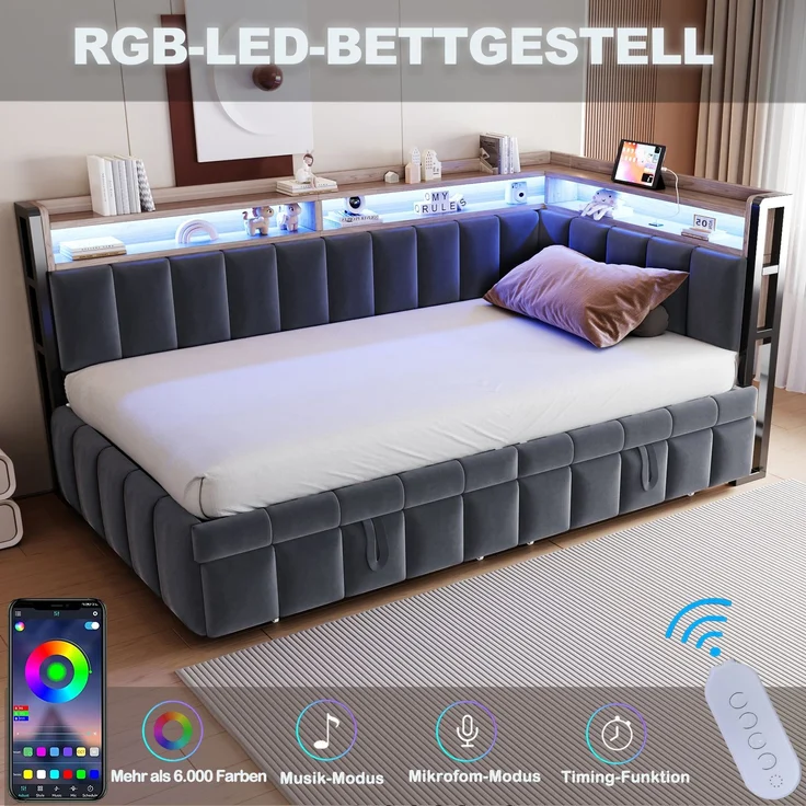 Ausziehbett mit Liegefläche 90×200 cm und Auszug 90×190 cm, LED, Dunkelgrau, ohne Matratze – Bild 7