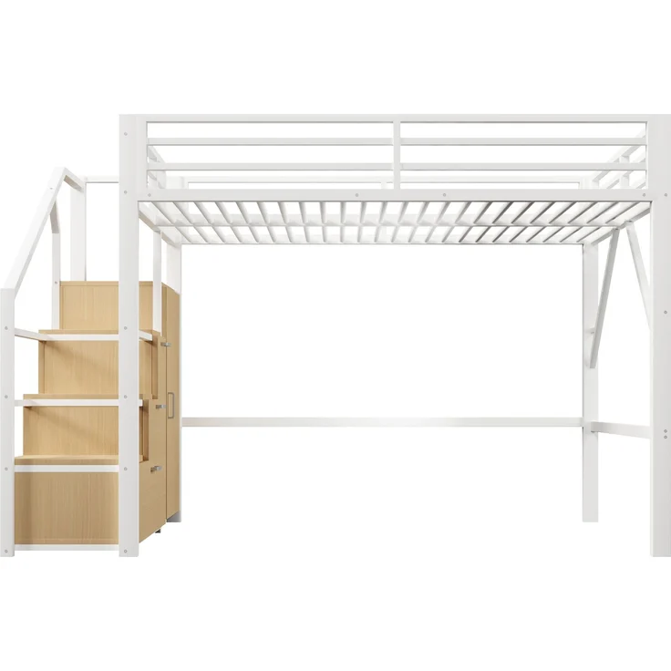 U-life Metall-Hochbett 140x200 cm mit Kleiderschrank, Staufächern, Treppe und LED-Beleuchtung, Weiß – Bild 7