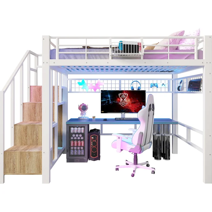 Merax Hochbett, Kinderbett 140×200cm, Jugendbett, mit LED-Lichtleiste, Treppenkonstruktionen mit Stauraum, Ohne Matratze, Weiß – Bild 10