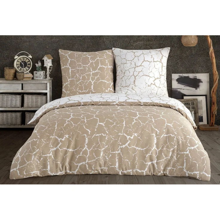 Buymax Bettwäsche, Renforce: 100% Baumwolle, 3 teilig, 200x200 cm, mit Reißverschluss, Muster Marmor, Beige, Weiß – Bild 1
