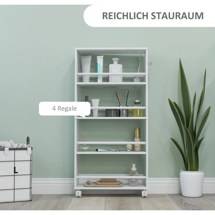 Multifunktionsregal mit Rollen, schmale Bauweise, 4 Fächer, 45x15x91 cm, Weiß--Weiß--45x15x91cm--YOUDENOVA – Bild 6