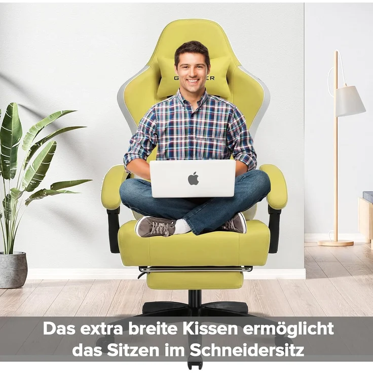 GTPLAYER Gaming Stuhl Ergonomischer Gaming Sessel Schreibtischstuhl Kunstleder, Federsitzkissen, Verbindungsarmlehnen und Fußstütze 150KG, gelb – Bild 2