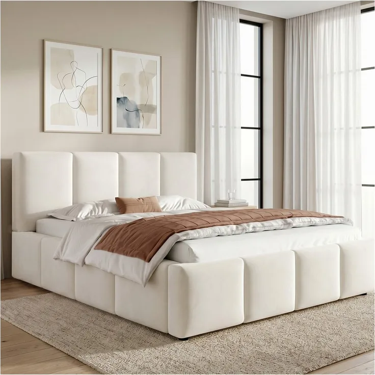 OKWISH Polsterbett Doppelbett 180x200 cm, gepolstert, Lattenrost & Kopfteil, beige Chenille-Bezug