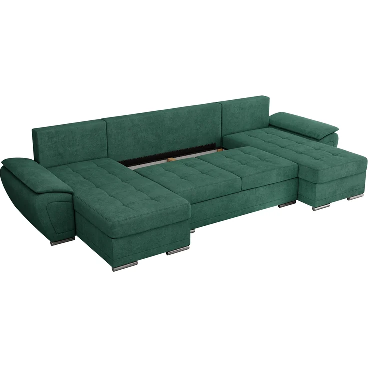 U-förmiges Ecksofa mit Schlaffunktion, genähter Sitz, zwei Armlehnen und losen Kissen - UMBRIA U - Grün Stoff – Bild 6