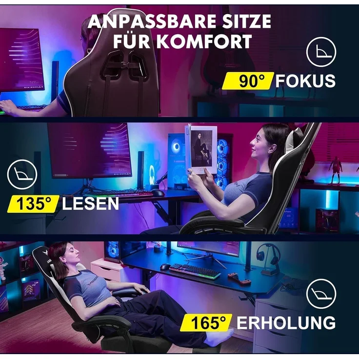 Gaming Stuhl Fußstütze Lendenkissen Kopfkissen 150kg Weiß – Bild 2