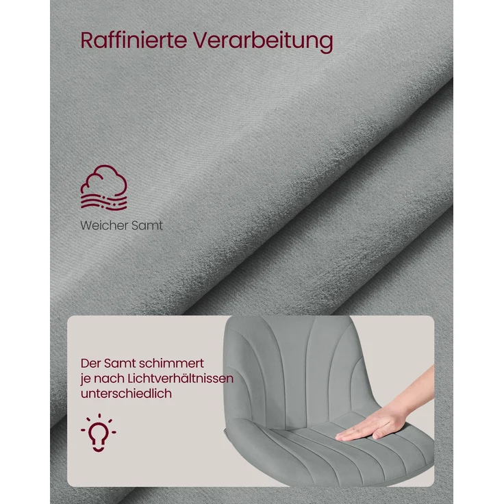 VASAGLE Schminkstuhl, 2er Set, Stizhocker, 65,5-77,5 cm höhenverstellbar, Barhocker, drehbar, Samt-Bezug, grau – Bild 5