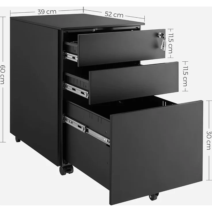 Rollcontainer, Aktenschrank, mit 3 Schubladen, vormontiert, abschließbarer Büroschrank mit Hängeregistratur, Stahl, Schwarz, 52 x 39 x 60 cm – Bild 4
