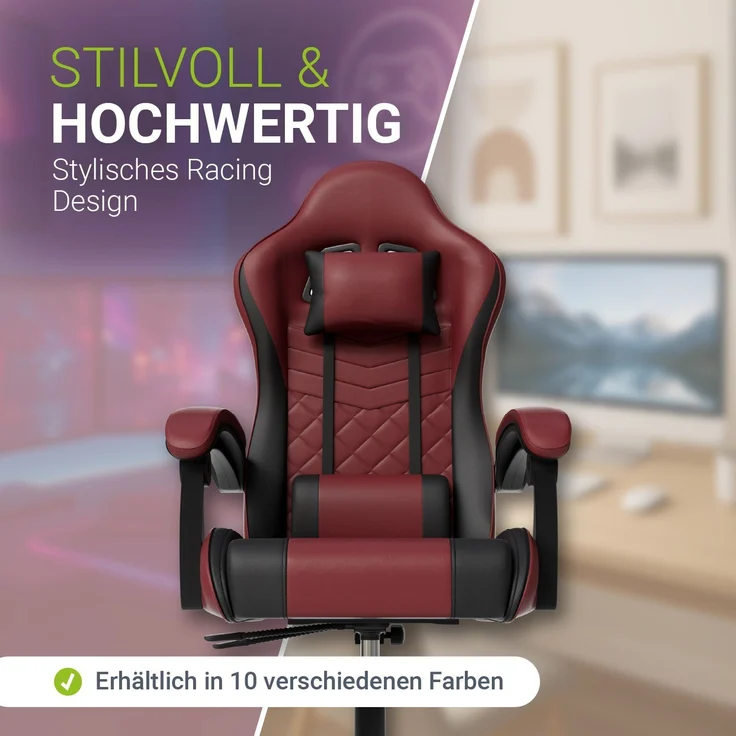 Juskys Gamingstuhl HyperSeat, verstellbare Rückenlehne, höhenverstellbarer Drehstuhl, Kunstleder, ergonomisch, für Büro & Gaming Setup – Bordeaux/schwarz – Bild 3