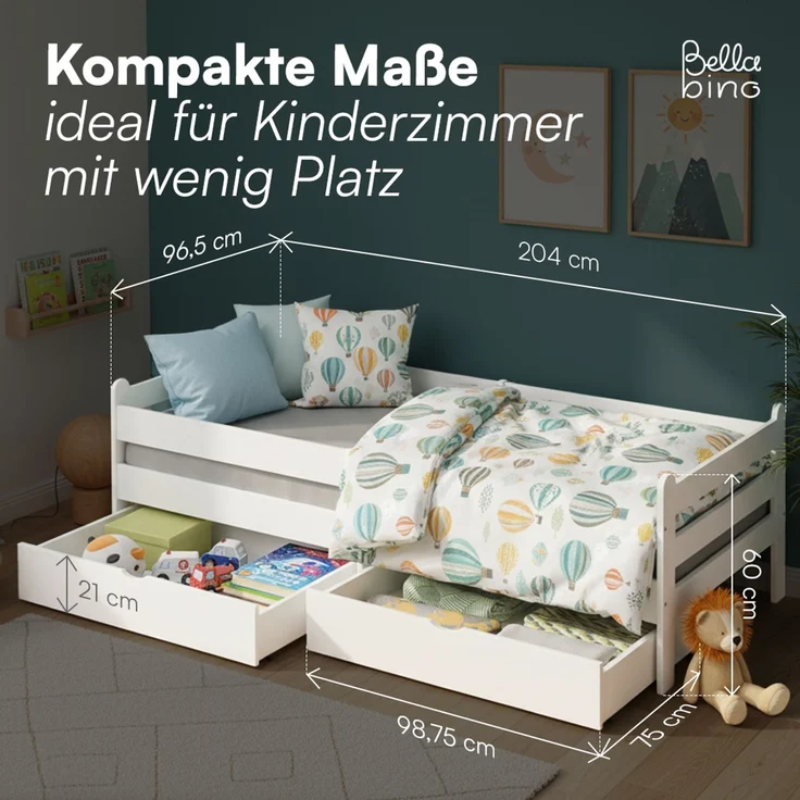 Bellabino 'Kuru' Kinderbett 90x200 cm mit 2 Schubladen, weiß, Jugendbett mit Rausfallschutz und Lattenrost – Bild 8