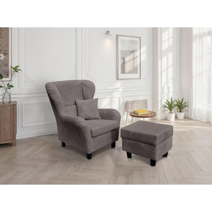 Ohrensessel mit Hocker Landhausstil Polster-TV-Lesesessel mit Cordstoff in Grau – Bild 2