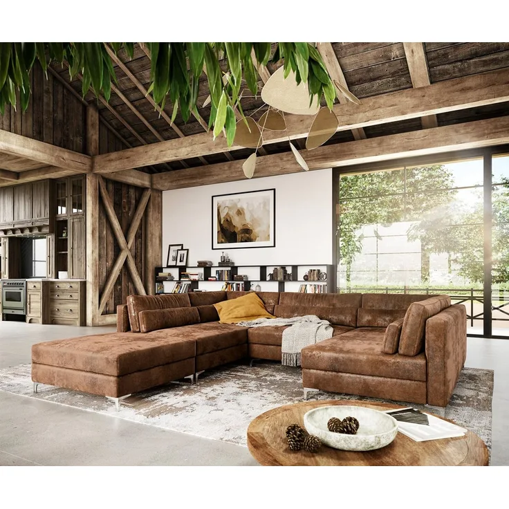 DELIFE Wohnlandschaft Elio, Lederimitat Vintage Braun Antik 300x185 cm mit Hocker Wohnlandschaft