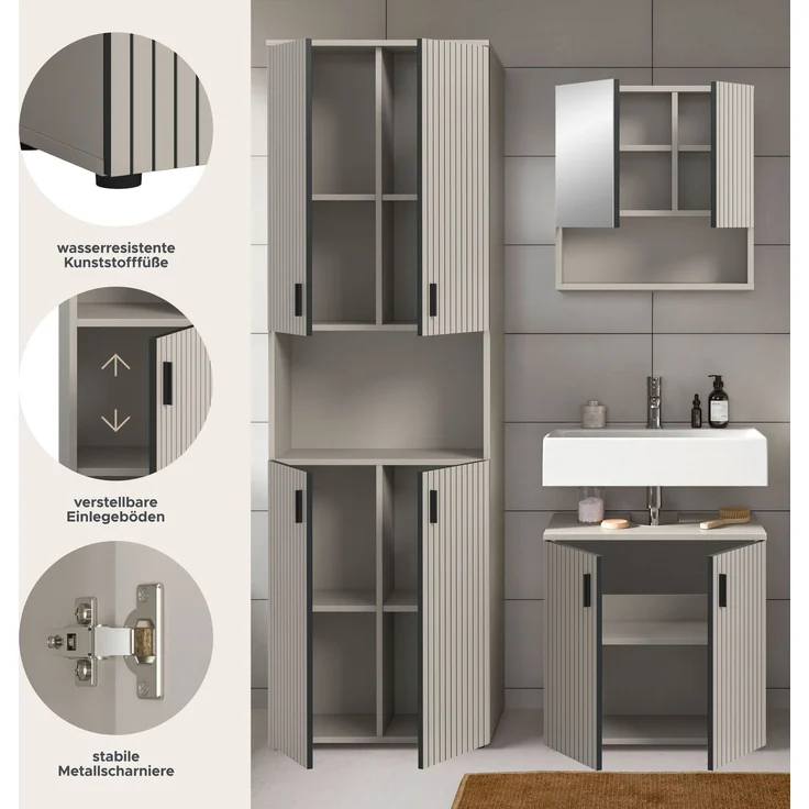xonox. home – Badkombination Mone 135 x 192 x 30 cm in Kaschmir Nachbildung – 3-teiliges Set mit Badschrank, Waschbeckenunterschrank & Spiegelschrank – funktional & vielseitig kombinierbar – Bild 7
