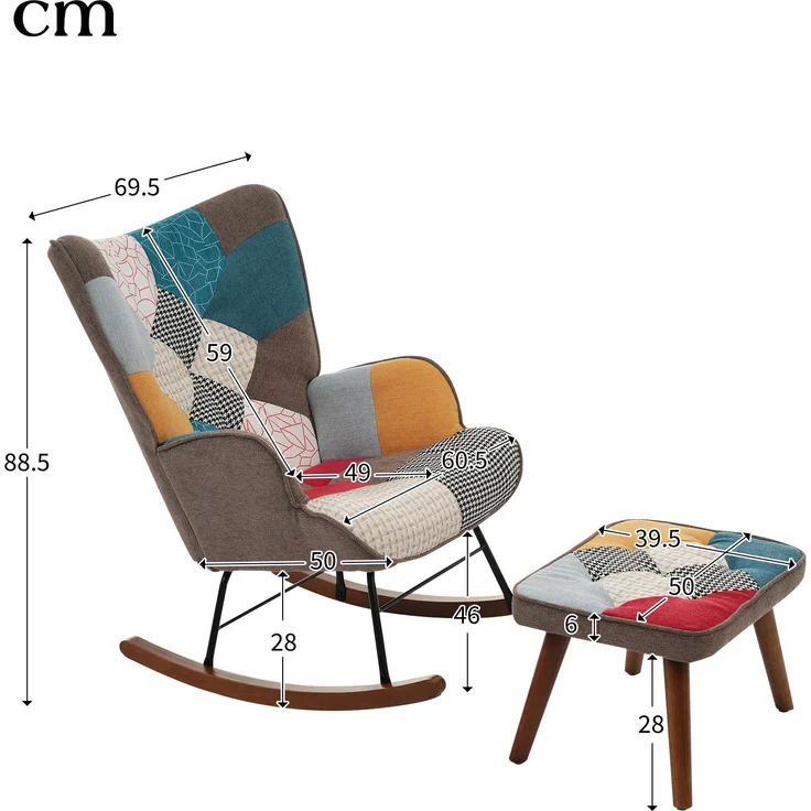 Patchwork Schaukelstuhl mit Fußhocker-Set, 88,5x69,5x50 cm & 28x50x39,5 cm, bunt – Bild 10
