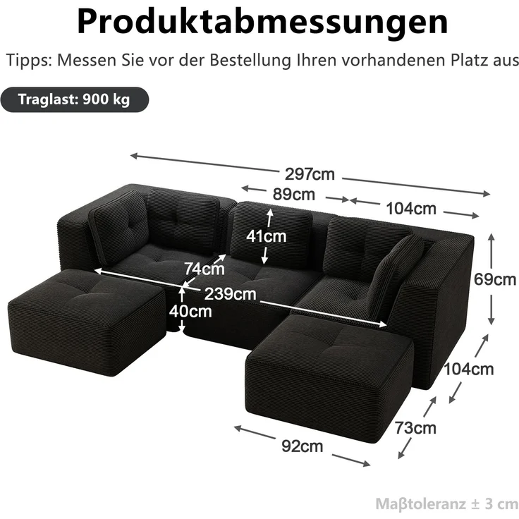 EINHOM Modulares Wohnzimmersofa ohne Gestell, geeignet für das Wohnzimmer, dreisitziges Cord-Sofa mit tiefer Sitzfläche, keine Montage erforderlich, Schwarz – Bild 2