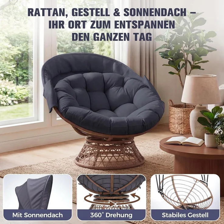 COMHOMA Papasansessel, gemütlicher Drehsessel mit Kissen rund, bequemer Rattansessel, Loungesessel drehbar, runder Relax Korbsessel Rattan für Wohnzimmer, Leseecke, Lounge - grau – Bild 7